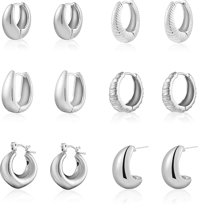 Wgoud 6 Pairs Gold Hoop Earrings Set for Women, 14K Gold Plated Hypoallergenic Lightweight Chunky Open Huggie Hoops Earrings Jewelry for Gifts.