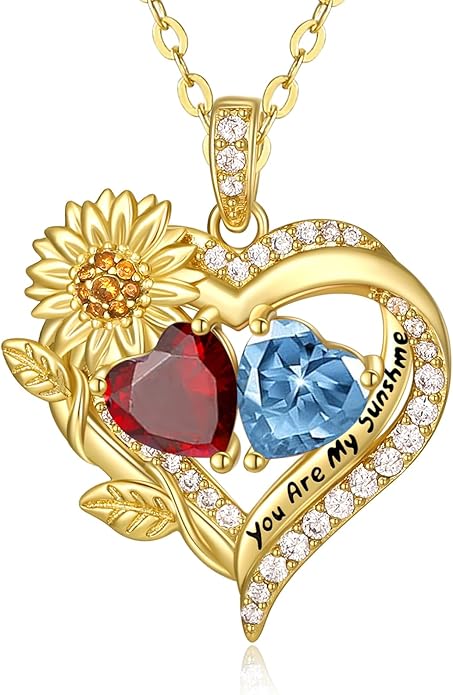 Sunflower Heart Necklace for Women 14K Gold Exquisite Valentines Day Anniversary Birthday Gifts for Wife Mother Her Double Birthstone Pendant Jewelry‘You Are My Sunshine’
