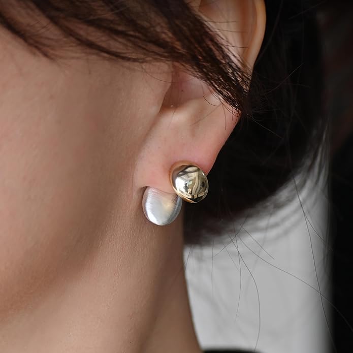 Two-Tone Chunky Oval Ball Earrings for Women, 2 in 1 Gold Silver Front and Back Stud Earrings, Lightweight 925 Sterling Silver Post, Fashion Jewelry Gift