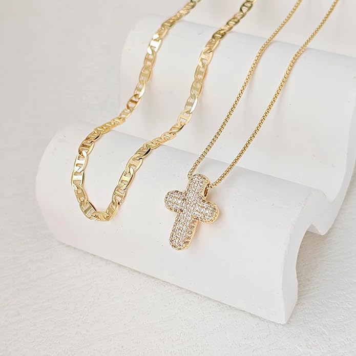OGD Bubble Cross Necklace for Women 14k Gold Plated Cross Necklace Stackable Dainty Gold Necklace Mariner Chain Necklace CZ Cross Pendant Necklaces Set Simple Jewelry Gift