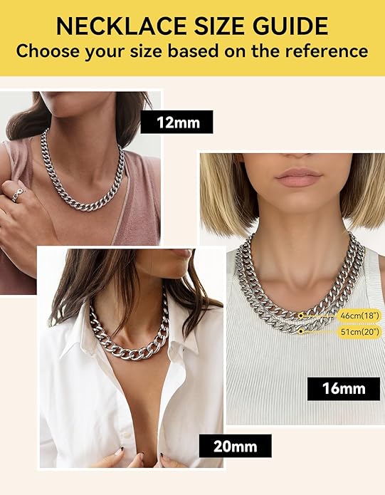 ChainsHouse Cuban Link Chain for Women Chunky Gold Necklace Stainless Steel/Gold Plated Choker Necklaces for Women, 12/16/20 mm Width Thick Chain Choker Punk Hip-Hop Jewelry,18-20"