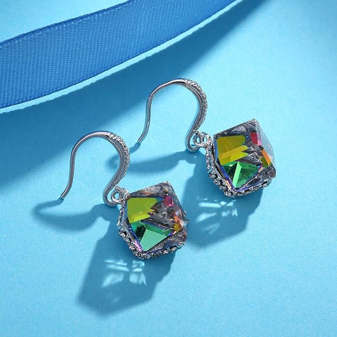 Austrian Crystal Cube Drop Dangle Earrings for Women 14K Gold Plated Hypoallergenic Jewelry