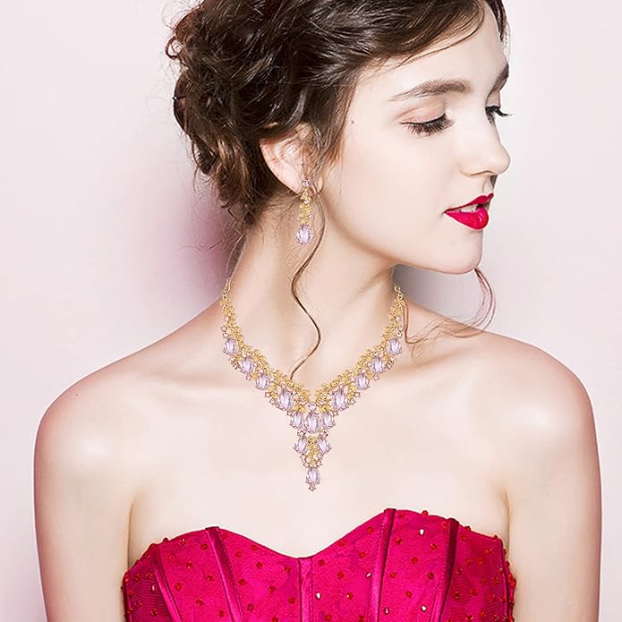 CSY Elegant Crystal Costume Jewelry Sets Flower Bridal Necklace Earrings Stretch Bangle Set for Bride Bridesmaid Wedding Dress Accessories