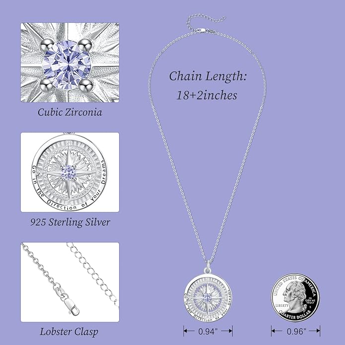 KINGWHYTE Graduation Gifts Birthstone Necklace for Women 925 Sterling Silver Compass Pendant Go in the Direction of your Dream Travel Jewelry Birthday Gift for Her