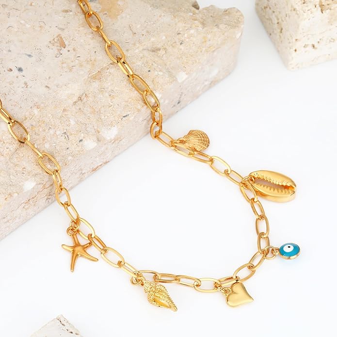 MISS RIGHT Dainty Gold Evil Eye Hamsa Hand Coin Lucky Charm Pendant Necklace for Women Trendy Vintage Paperclip Chain Sun Moon Clover Flower Chunky Charm Necklace Jewelry Gifts