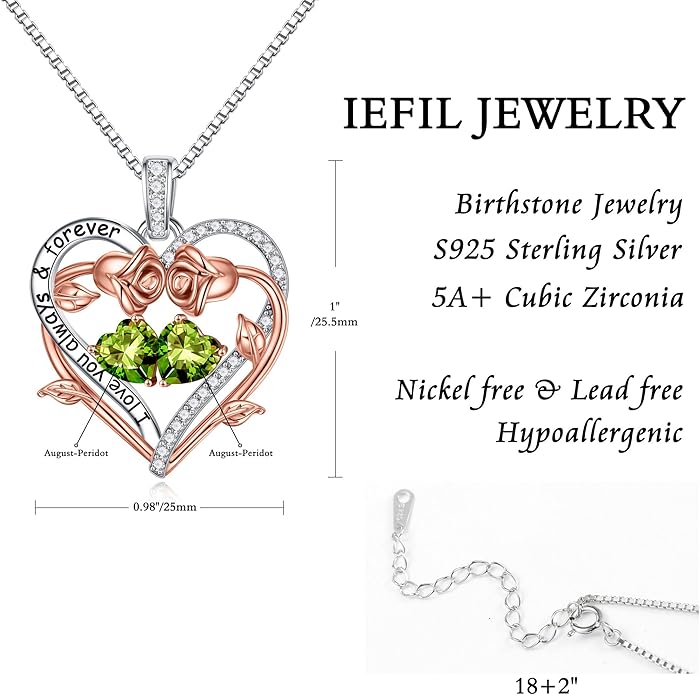 Iefil Valentines Gifts for Her Wife Women - Rose Heart Double Birthstone Necklace Gift for Wife Girlfriend Her Women, Birthstone Jewelry Gemstone Birthday Gifts for Mom Grandma Her