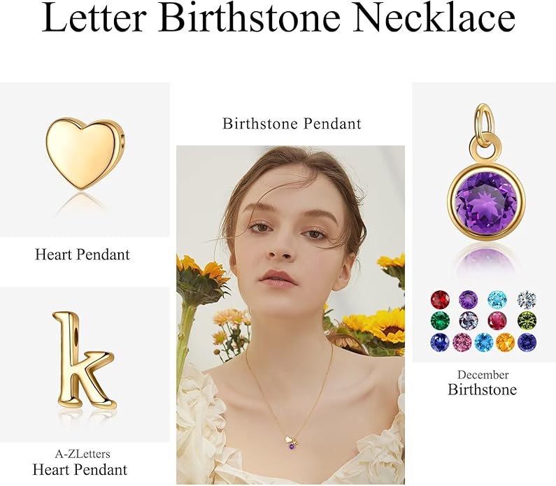 Ursilver Initial Birthstone Necklace for Women - Heart Initial Birthstone Pendant Necklace Personalized Gifts Birthday Gifts for Women