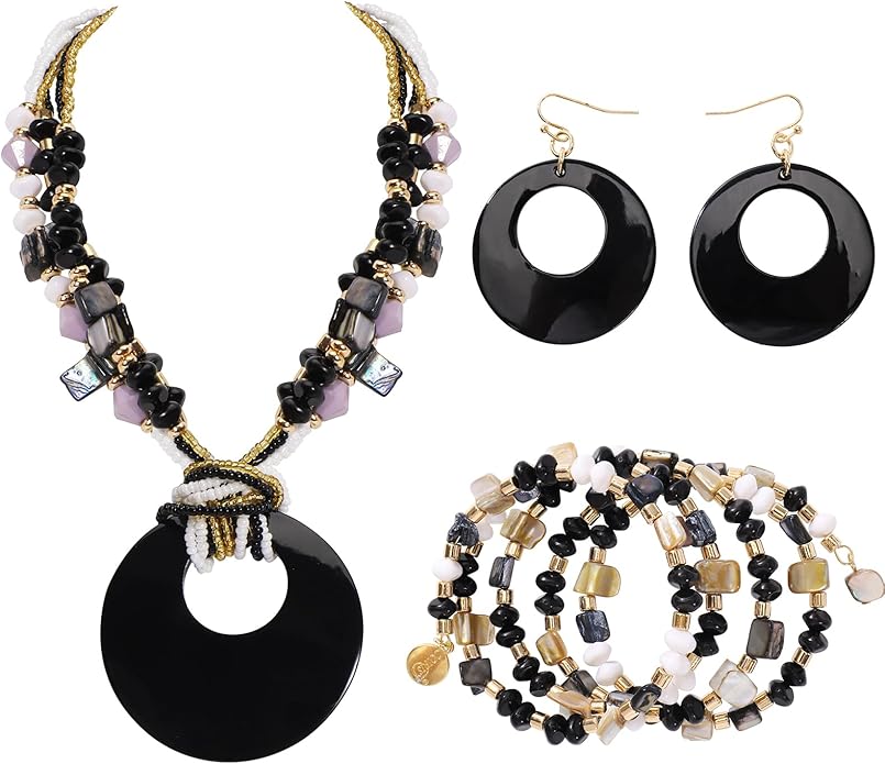 Jewelry Sets for Women 4 Pcs Chunky Beaded Mrs Roper Costume Jewelry for Women Boho Multi Strand Colorful Shell Necklace for Women