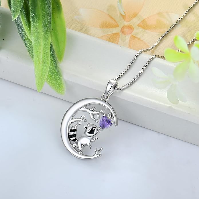 STARCHENIE Raccoon Necklace 925 Sterling Silver Heart Birthstone Pendant Cute Animal Jewelry for Women
