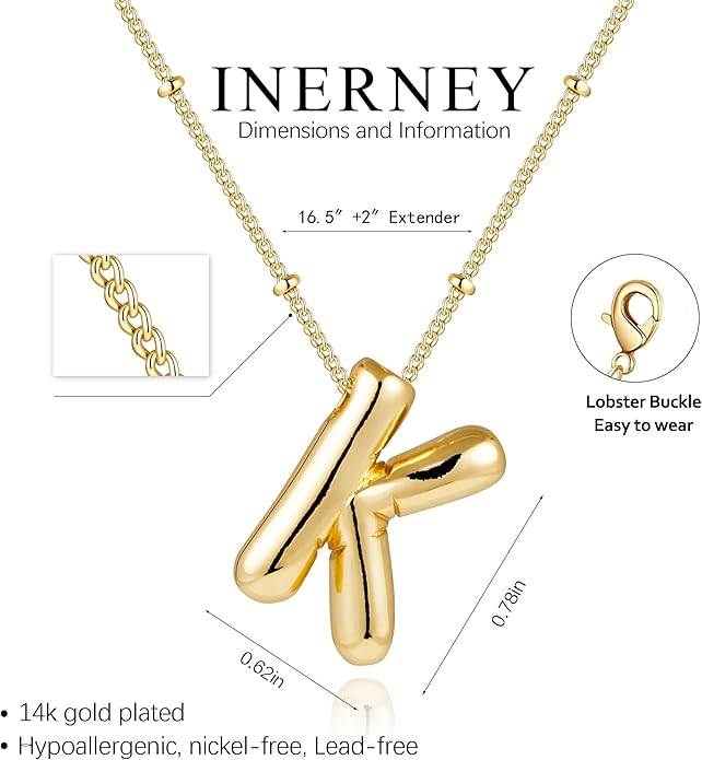 Inerney Valentines Day Gifts Gold Bubble Letter Necklace Initial Necklaces for Women, Chunky 14K Plated Balloon Initials, Trendy Charm Non Tarnish Custom Name Pendant Jewelry Gifts for Mom