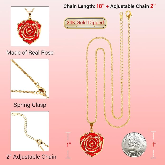 AliveRose Real Rose Gold Dipped Necklace Gifts for Women, 24K Gold Dipped Rose Pendant Necklace Jewelry Mothers Day Anniversaries Birthday Christmas Special Occasions Gifts for Her Mom Wife