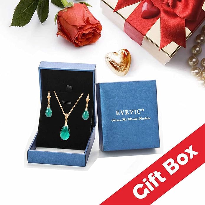 EVEVIC Austrian Crystals Teardrop Pendant Necklace Earrings for Women 14K Gold Plated Hypoallergenic Leverback Drop Dangle Earrings Jewelry Set