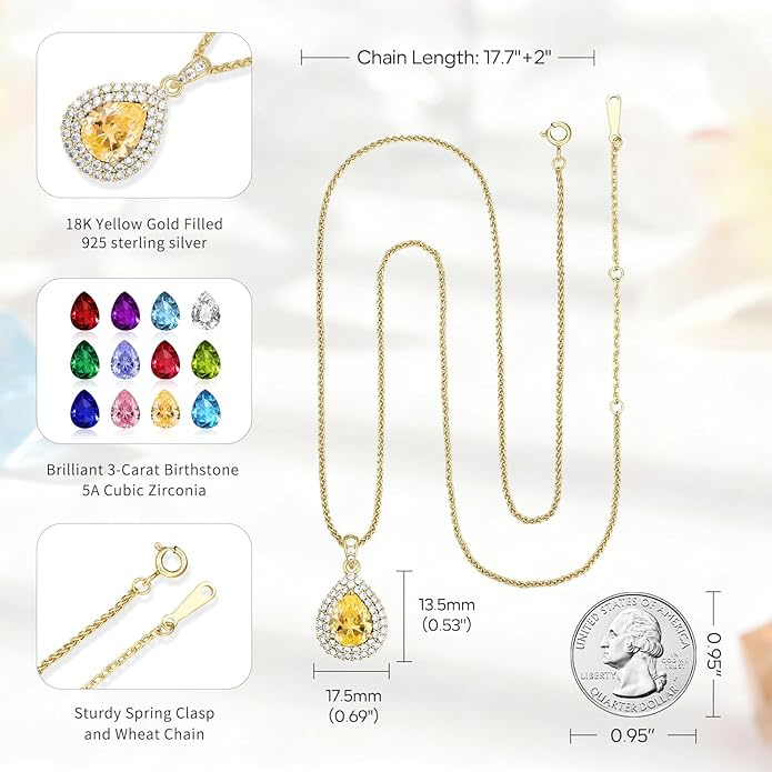 Valentine's Day Gift for Wife/Her-18K Gold Plated Teardrop Birthstone Necklace- with Light-Up Gift Box,Jewelry for Women,Anniversary Birthday Gifts for Women Her Wife Girlfriend Mom,Womens Jewelry
