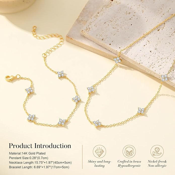 Yougeigy Gold Jewelry Set for Women, Dainty Necklaces 14k Gold Plated Prom Lariat Necklace Trendy Stuff Fashion Cubic Zirconia Simulated Diamond Gold Bracelets, Choker Necklace Jewelry Gifts