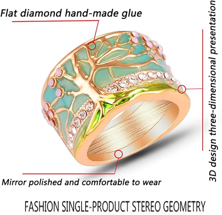 Women Tree of Life Lucky Flower Wide Band Ring Gold Pink Opal Green Enamel Resin Plated Dainty Tree Rhinestone Statement Thumb Index Full Finger Chunky Ring Party Crystal Vintage Jewelry