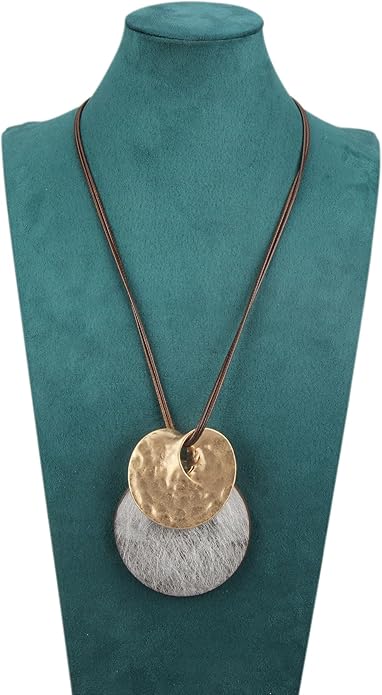 Boho Leather Necklace Women Bohemian Brown Circle Pendant Necklace Choker Long Necklaces for Women Boho Ring Large Pendant