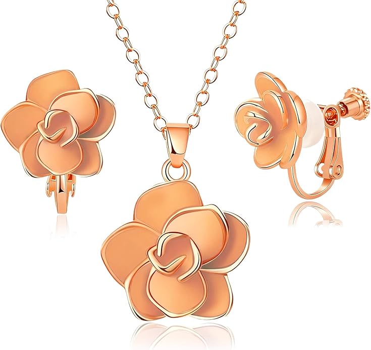 Dainty Rose Flower Pendant Necklace Clip On Earrings Set for Women 14K Gold Plated Hypoallergenic Jewelry Sets