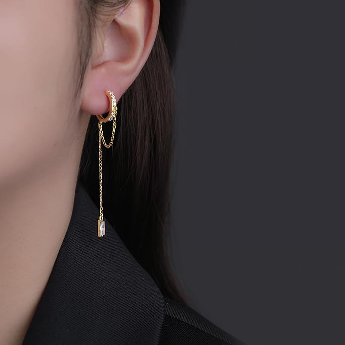 Reffeer 925 Sterling Silver CZ Chain Hoop Earrings Dangle for Women Teens Dangle Earrings Chain Drop Earrings Huggie
