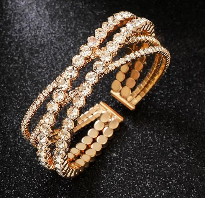 Rhinestone Bracelet for Women MultiLayer Crystal Cuff Bracelet Strand Layered Bracelet