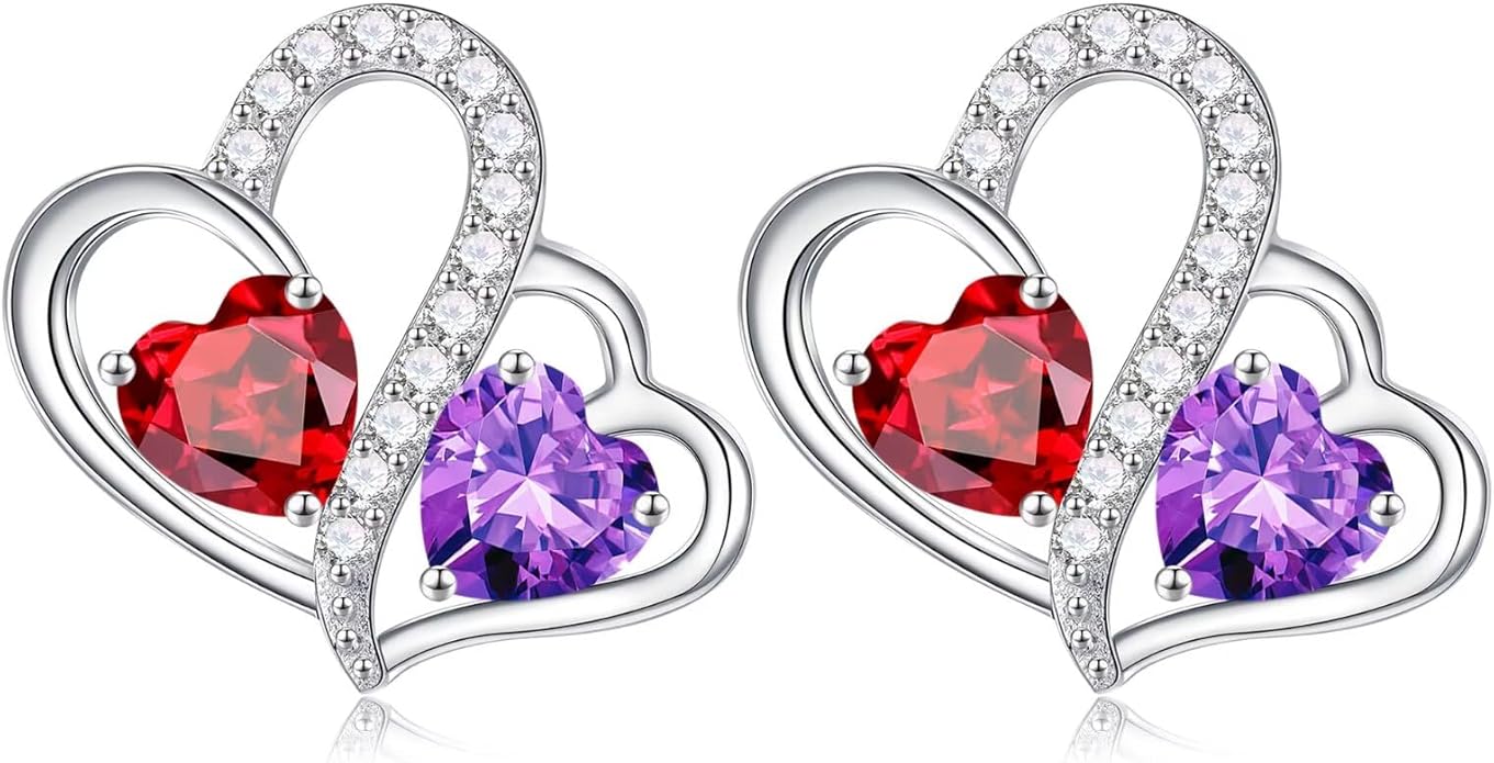 Iefil Valentines Day Gifts for Her - Birthstone Earrings Gift for Women, 925 Sterling Silver Double Heart Birthstone Earrings | Anniversary Birthday Gifts for Women, Personalized Jewelry for Wife Mom