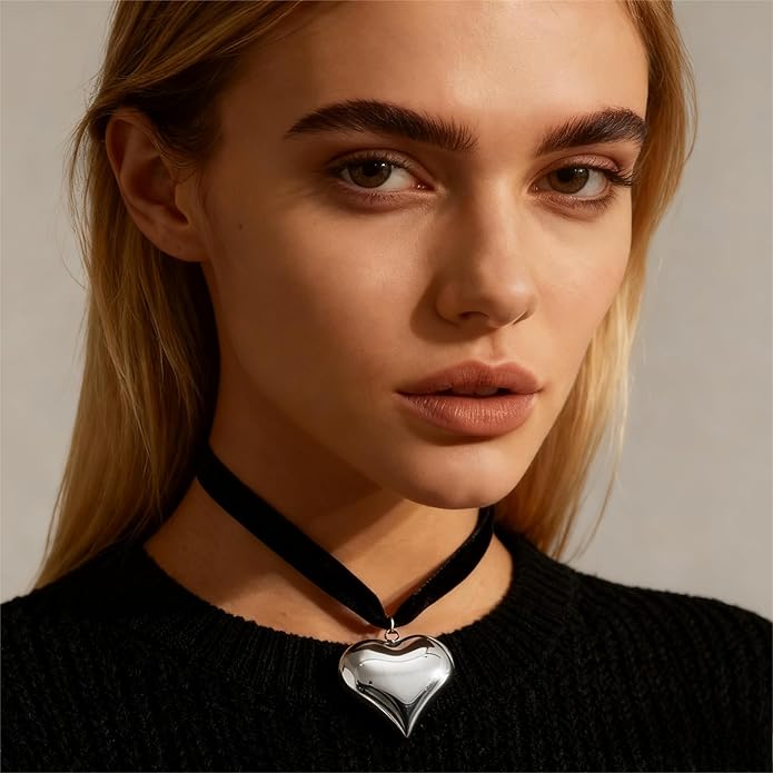 Black Cord 18K Gold Plated/Silver Heart Choker Necklace | Hypoallergenic Vibrant All-match Attractive Black String Love Necklace | Ingenious Design Emo Choker Necklace for Ladies
