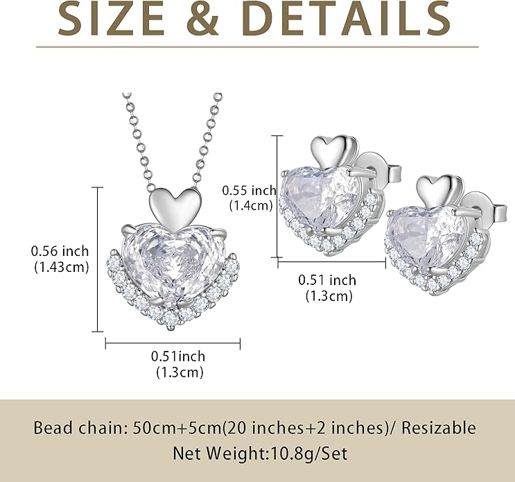 Love Heart Necklaces and Earrings with Rose Cut Birthstone Silver Plated Elegant Jewelry Set for Women CS0002
