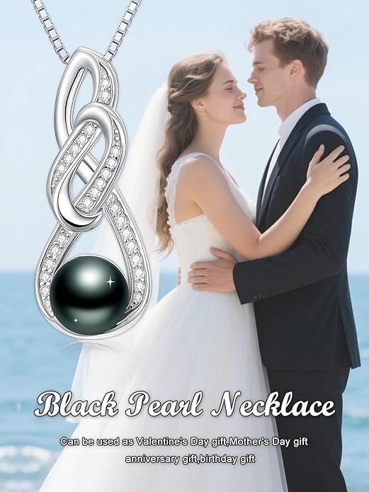 Tahitian Black Pearl 18K White Gold Plated Sterling Silver Heart/Infinity/Four Leaf Clover Pendant Necklace Jewelry Gifts for Women Wife Mom Girlfriend Wedding Birthday Anniversary Christmas