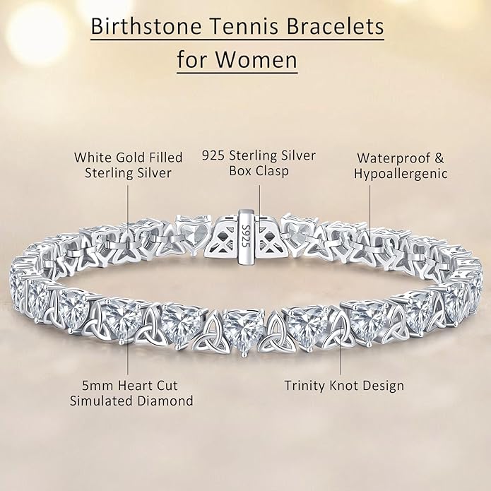 Birthstone Tennis Bracelets for Women, 925 Sterling Silver Heart Shaped Celtic Trinity Knot, 7 Inch Charm Trendy Hypoallergenic Anniversary Birthday Gifts for Her