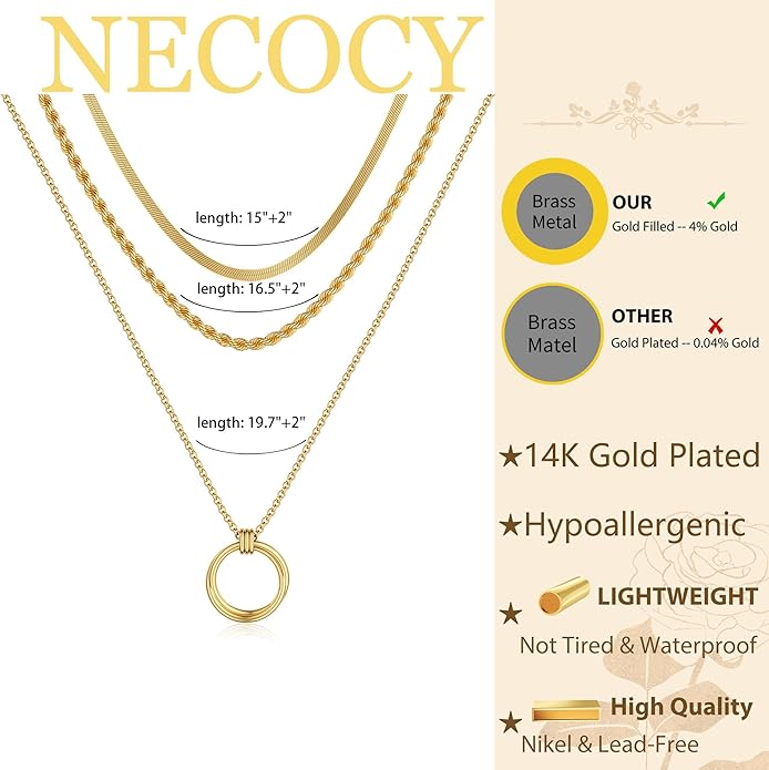 NECOCY Valentine's Day Gift 14k Gold/Silver Plated Layered Gold Necklaces for Women, 3Pcs Dainty Herringbone Choker Set, Trendy Stack Simple Chain Layering Pendant Jewelry