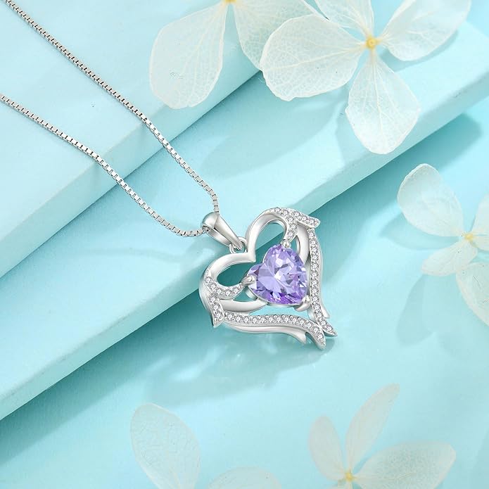 FJ Heart Angel Wings Pendant Necklace 925 Sterling Silver Birthstone Jewelry Gifts for Women