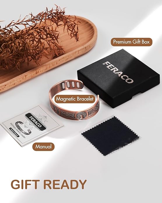Feraco Copper Bracelet for Men, 5X Ultra Strength Magnetic Cuff Bangle with 5000 Gauss Neodymium Magnets, 99.99% Pure Copper Jewelry Gift, Adjustable