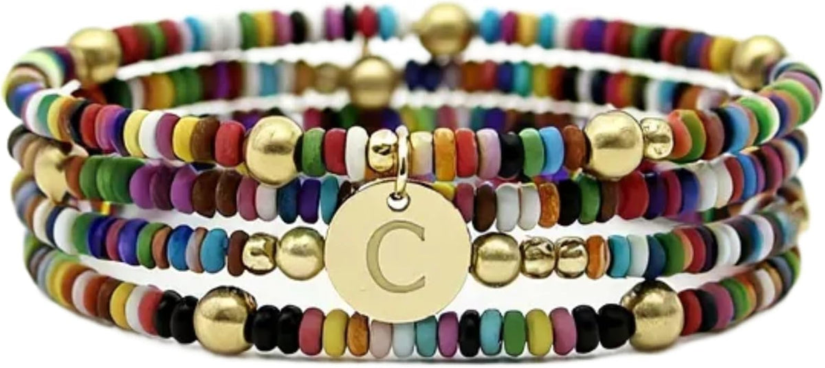 Set of 4 Colorful Bead Initial Bracelets, Personalized Stackable Jewelry, Adjustable Stretchy Charm Bracelets for Women, Beaded Bracelet Set, Trendy Custom Jewelry Gift