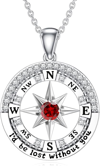 Compass Birthstone Necklace Gift for 2025 Graduation 925 Sterling Silver Compass ‘I'd be Lost Without You’ Pendant Necklaces Jewelry for Women Her Wife Gift for Birthday Anniversary