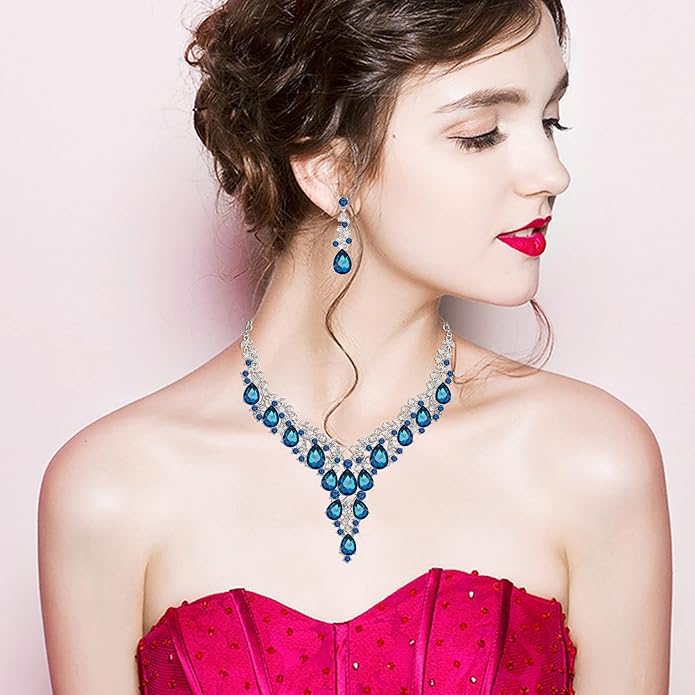 CSY Elegant Crystal Costume Jewelry Sets Flower Bridal Necklace Earrings Stretch Bangle Set for Bride Bridesmaid Wedding Dress Accessories