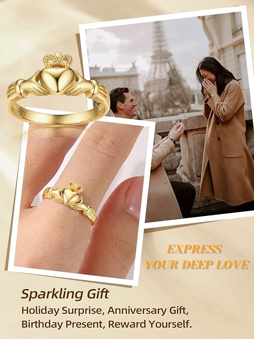 Bestyle 925 Sterling Silver Ring for Women, Minimalist Claddagh Ring Celtic Knot Ring for Women, Irish Promise Wedding Band, Gold/Rose Gold Vermeil Women Band Ring, Stackable, Gift for Her