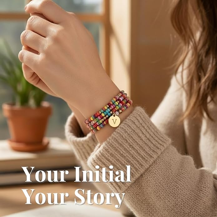 Set of 4 Colorful Bead Initial Bracelets, Personalized Stackable Jewelry, Adjustable Stretchy Charm Bracelets for Women, Beaded Bracelet Set, Trendy Custom Jewelry Gift