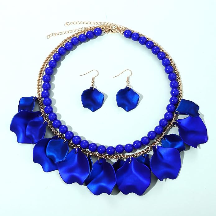 Flower Petal Necklace Earrings Set Layered Statement Beaded Jewelry Set for Women Summer Necklace Earrings