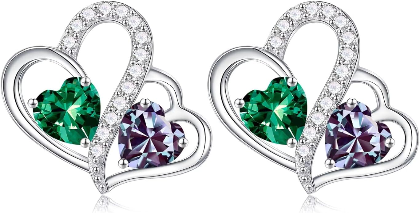 Iefil Valentines Day Gifts for Her - Birthstone Earrings Gift for Women, 925 Sterling Silver Double Heart Birthstone Earrings | Anniversary Birthday Gifts for Women, Personalized Jewelry for Wife Mom