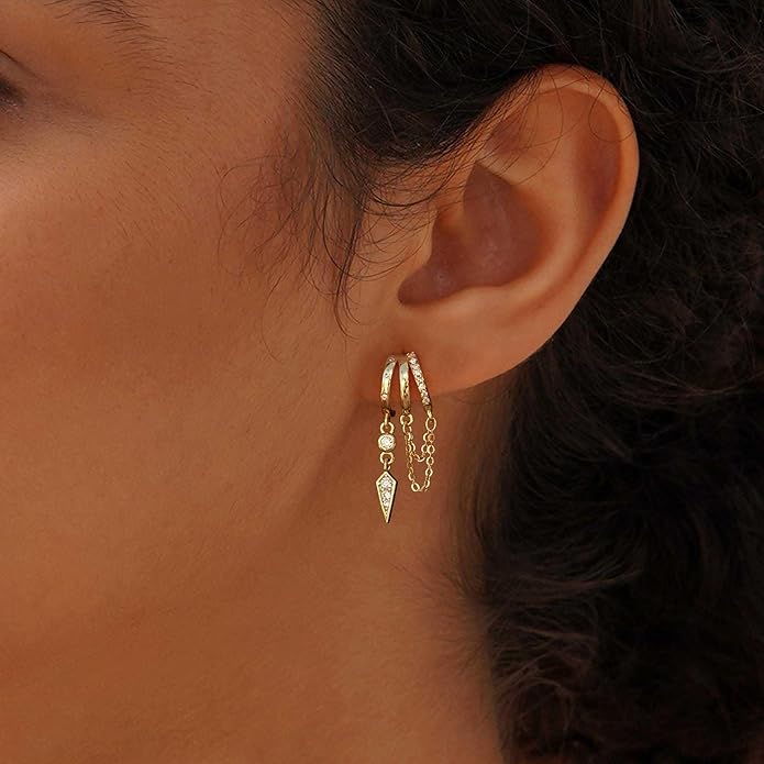 Dangle Earrings For Women,Dainty 14K Gold Plated Hypoallergenic Small Triple Huggie Hoop Earring Gothic Cute Cross Moon Star Drop Earrings For Women Trendy Gold Statement Stud Earring Jewelry