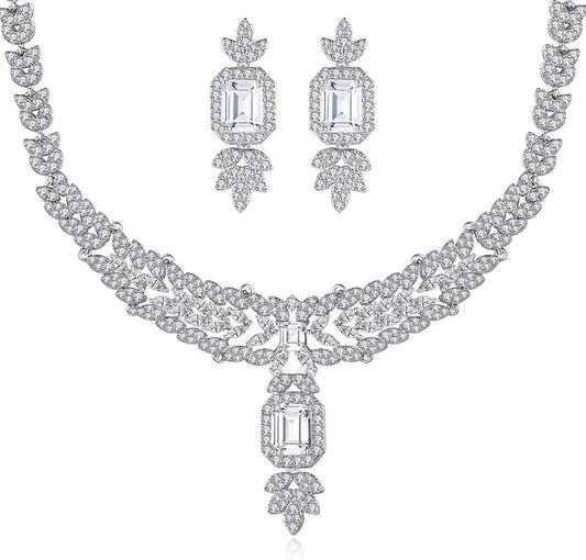 14K Gold Women's Jewelry Set, Natural Crystal Necklace & Moissanite Earrings, Luxurious Bridal/Wedding Fashion Accessory