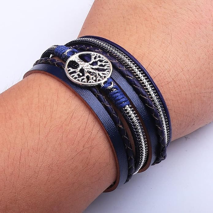 KSQS Tree of Life Leather Multi-Layer Wraps Bracelet,Boho Wide Buckle Wristband Bangle,Braided Cuff Bracelets for Women