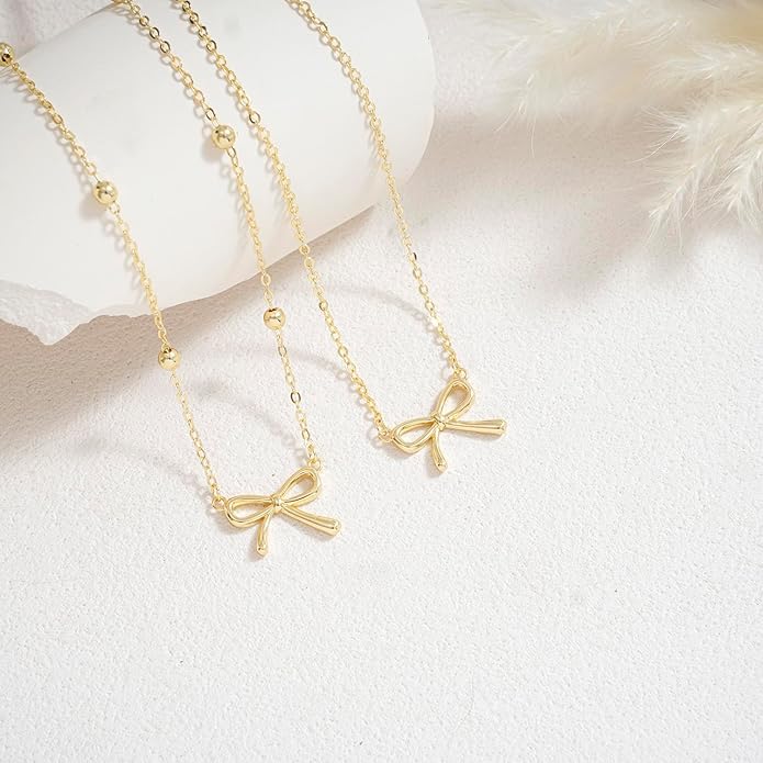 Valentines Day Gifts for Her - Dainty Bow Necklace for Women 14K Gold Plated Cute Choker Small Pendant Charm Necklaces Teen Gift Trendy Stuff Personalized Jewelry