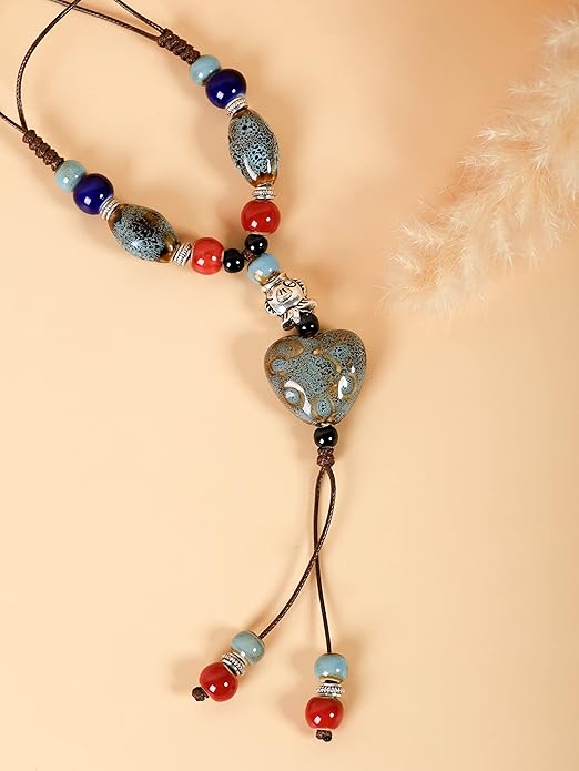 MINACHI Boho Hippie Colorful Ceramic Heart Bead Strand Necklace, Bohemian Summer Statement Jewelry Gift for Women