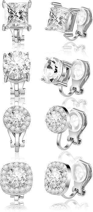 4 Pairs Cubic Zirconia Clip Earrings for Women Dance Competition - Non Pierced Diamond Clip On Earrings studs for Men