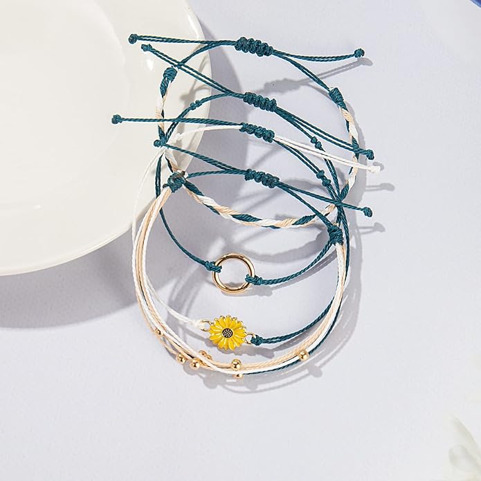 FANCY SHINY Sunflower String Bracelet Boho Braided Rope Wrap Bracelets Cute Summer Beach Surfer Jewelry for Women