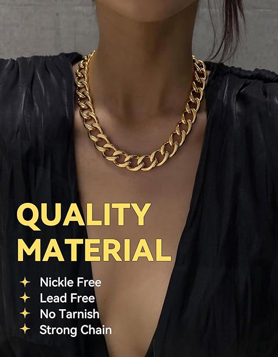 ChainsHouse Cuban Link Chain for Women Chunky Gold Necklace Stainless Steel/Gold Plated Choker Necklaces for Women, 12/16/20 mm Width Thick Chain Choker Punk Hip-Hop Jewelry,18-20"