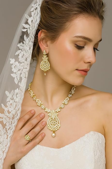 Touchstone Indian jewelry sets for women maang tikka wedding guest gold necklace bollywood jewellery set pageant elegant prom bride accessories western crystal chunky rhinestone necklaces