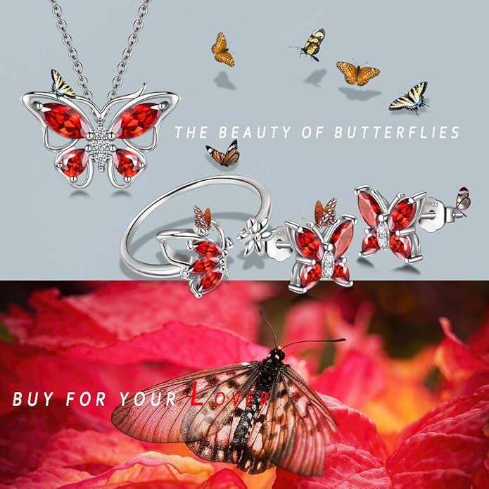 925 Sterling Silver Birthstone Butterfly Jewelry Women Crystal Animal Cute Butterflies Birthday Necklace/Earring/Ring/Bracelet Sets Birth Stone Statement Anniversary Jewellery