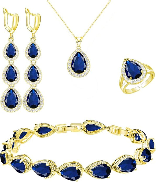 LMXXVJ Necklace Long Earrings Bracelet Set, White Gold Plated Created Blue Sapphire Jewelry Set Wedding Party Gift Jewelry for Women Bridal Bridesmaid