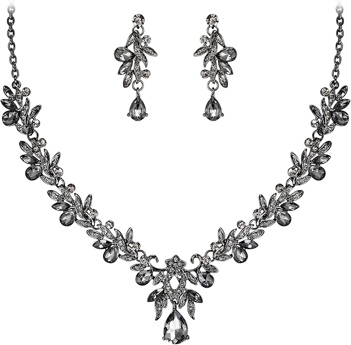 BriLove Women's Wedding Jewelery Set Leaf Flower Crystal Teardrop Marquise Cluster Pendant Necklace Dangle Earrings for Bridal Party